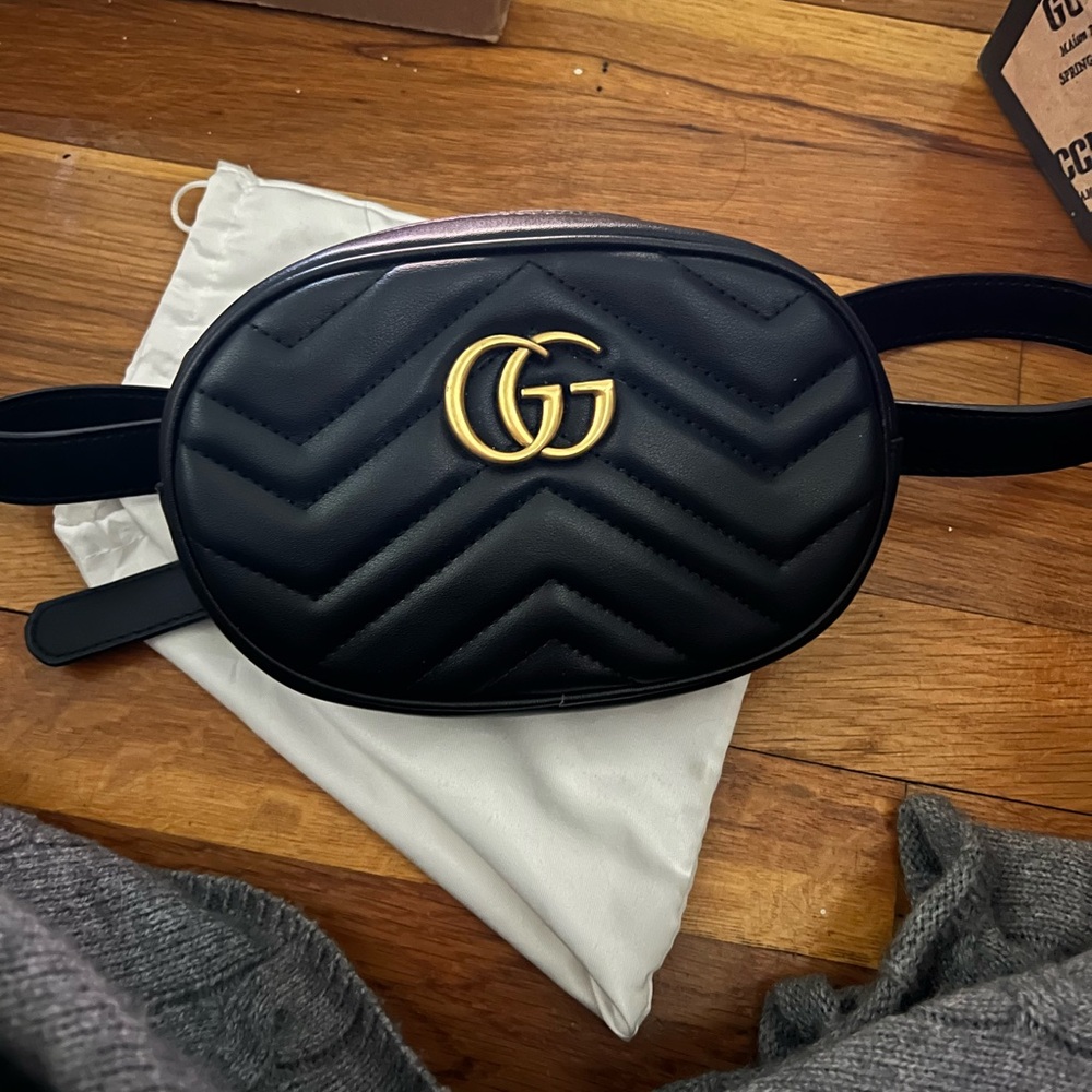 GG Marmont Black Quilted Belt Bag with Gold Logo